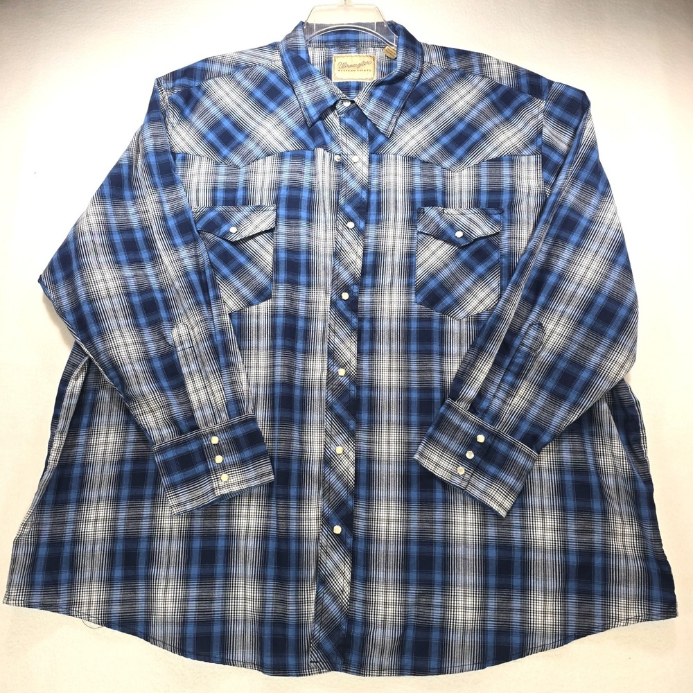 Wrangler Western Shirt Mens 3XL Blue Plaid Pearl Snap Long Sleeve Big‎ & Tall